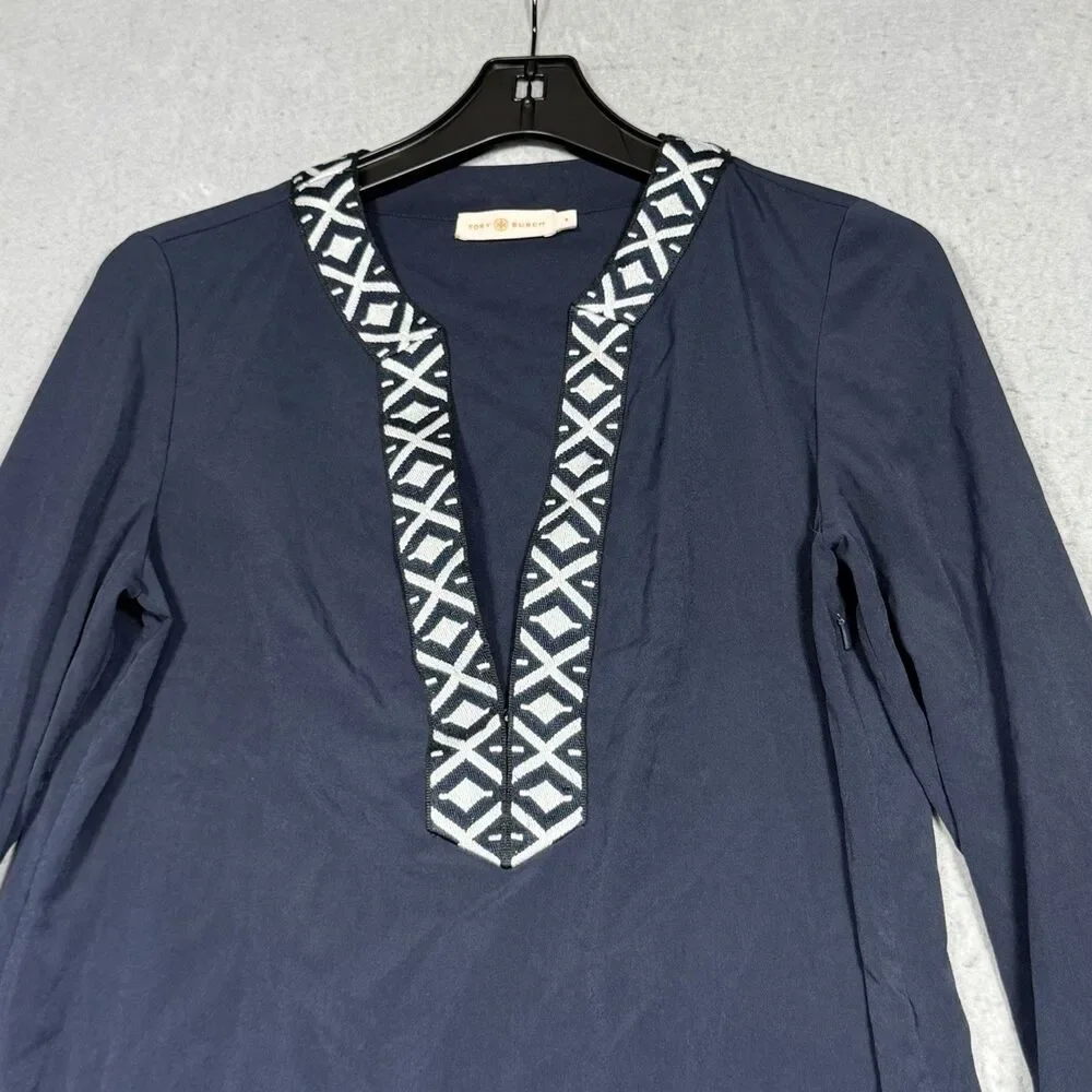 Tory Burch Tunic Top Women’s 6 Navy Blue Ariana Embroidered Knit Trim V Neck - Picture 2 of 13